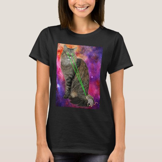 レーザービームアイズ付き可愛いキティ猫銀河系バックグロ Tシャツ (正面)