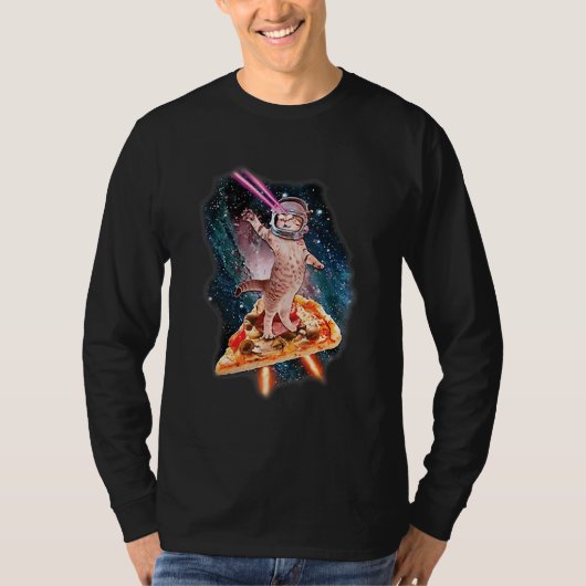 レーザービームアイ付き可愛い猫銀河系 飛んでいる Tシャツ (正面)