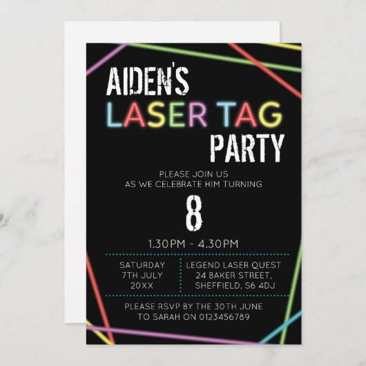 レーザーラベルをテーマにした誕生日パーティーの招待 招待状 (正面/裏面)