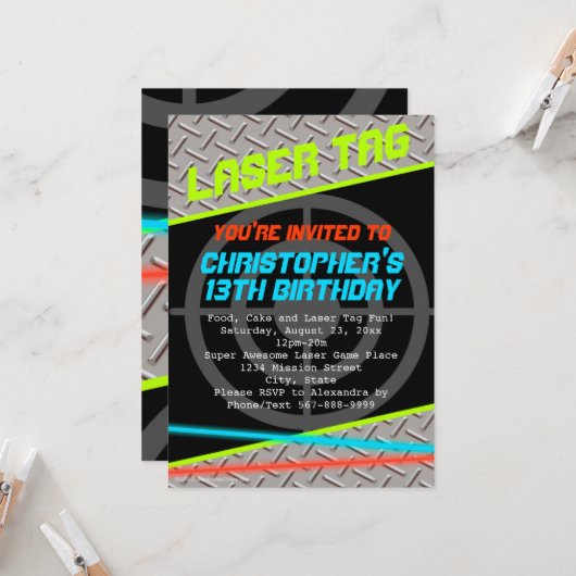 レーザーラベルカスタムボーイズ誕生日パーティー 招待状 (正面/裏面インサイチュ)