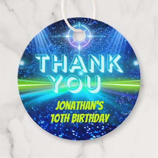 レーザーラベルゲーミングブルーグリーンネオングローサンキュー フェイバータグ (正面)