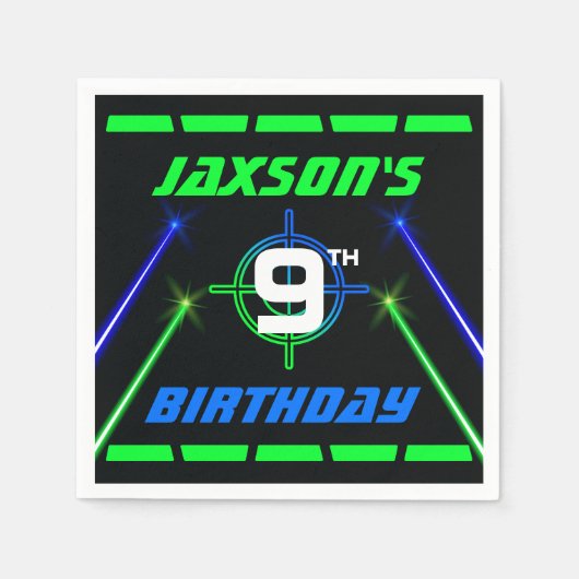 レーザーラベルネオングリーンとブルーバースデーパーティー スタンダードカクテルナプキン (正面)