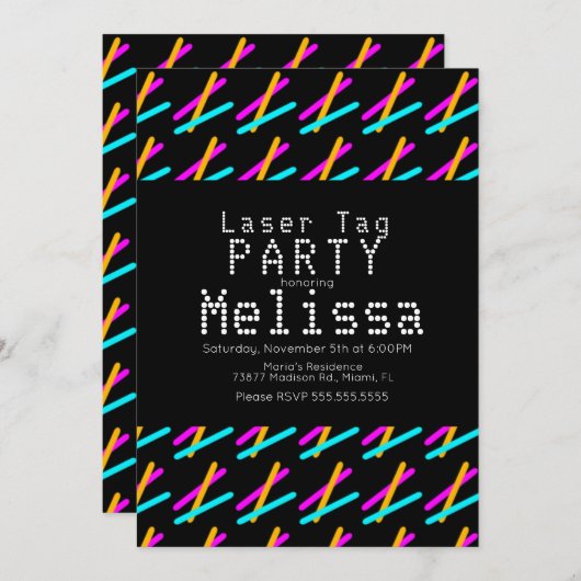 レーザーラベルネオングローインザダークライトパーティーガール 招待状 (正面/裏面)
