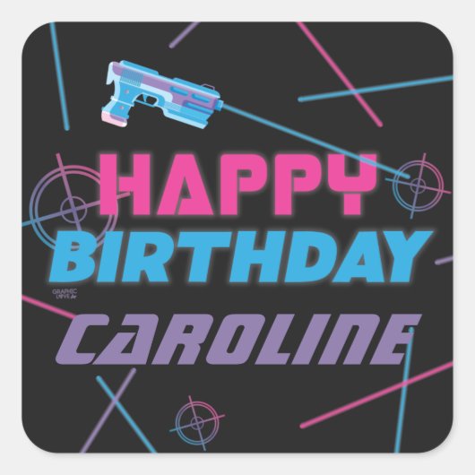 レーザーラベルピンクパープルブルーハッピーバースデー スクエアシール (正面)