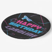 レーザーラベルピンクパープルブルーハッピーバースデー ペーパープレート (アングル)