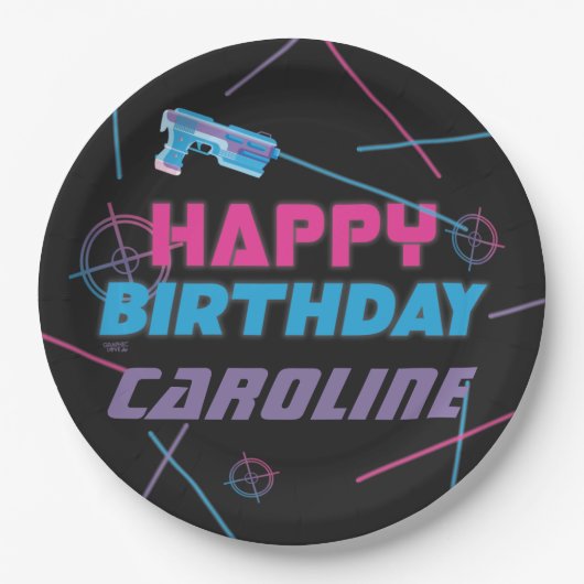 レーザーラベルピンクパープルブルーハッピーバースデー ペーパープレート (正面)