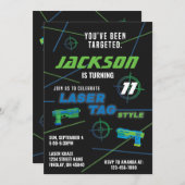 レーザーラベルブルー&グリーン誕生日パーティー 招待状 (正面/裏面)