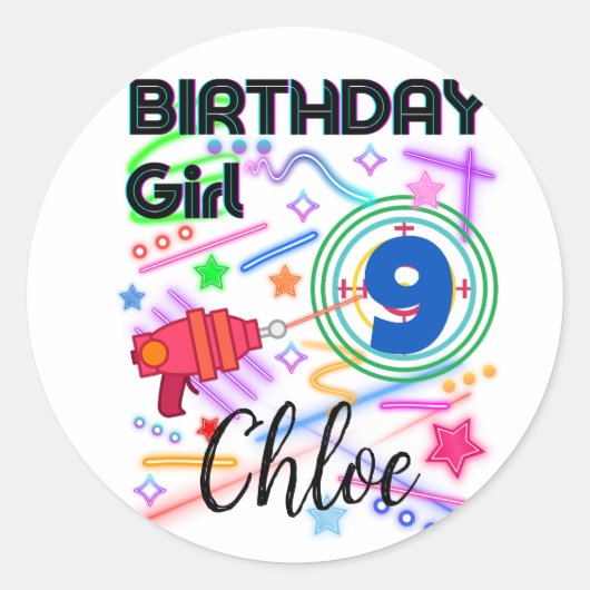 レーザーラベル誕生日ガールパーティー カラフル ラウンドシール (正面)