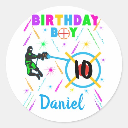 レーザーラベル誕生日ボーイゲームパーティー ラウンドシール (正面)