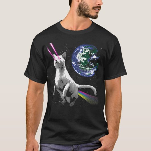 レーザー猫宇宙- Plaの前にいる猫宇宙飛行士 Tシャツ (正面)