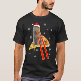 レーザー目付き猫ピザおもしろい猫クリスマス Tシャツ
