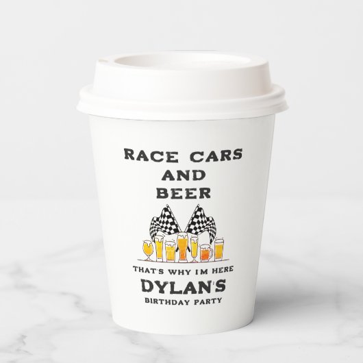 レーシングカーとビール チェッカーフラッグ レースデイ 誕生日 紙コップ (裏面)