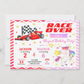 レーシングカーとユニコーンのジョイント誕生日招待状 招待状 (正面)