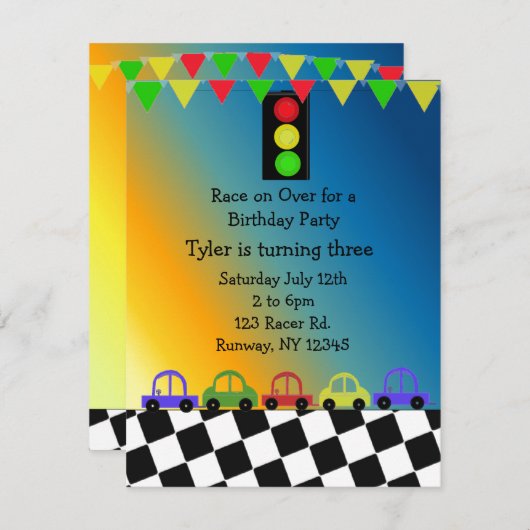 レーシングカーのトラフィック光の誕生日パーティーの招待 招待状 (正面/裏面)