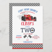 レーシングカーのドライバー2つのトリップトラック2d誕生日 招待状 (正面/裏面)