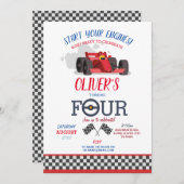 レーシングカーのドライバー4つのトリップトラック4th誕生日 招待状 (正面/裏面)