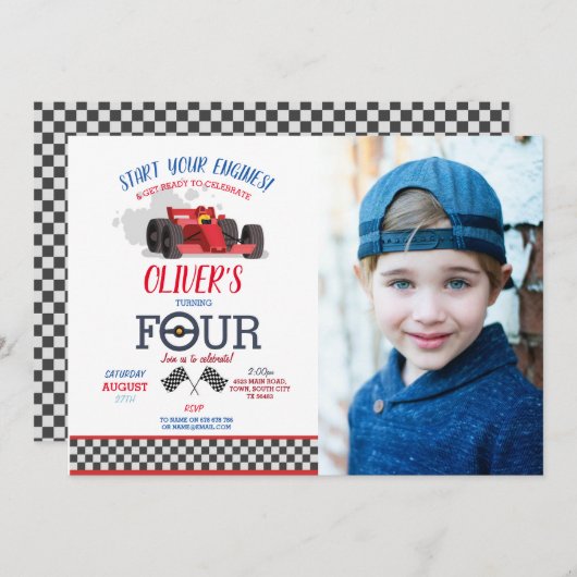 レーシングカーのドライバー4トリップ写真4th誕生日 招待状 (正面/裏面)