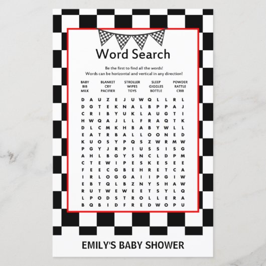 レーシングカーのベビーシャワーゲームプリント (正面)