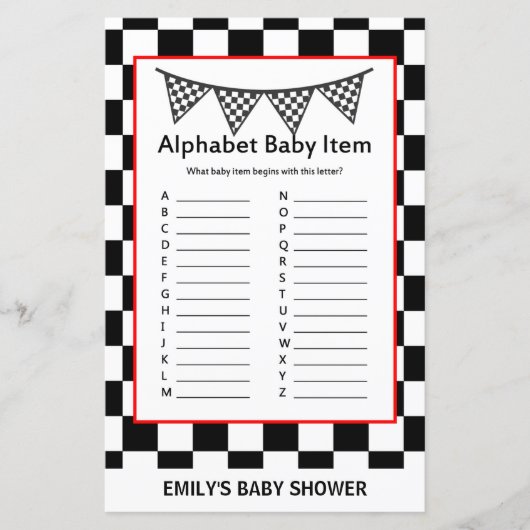 レーシングカーのベビーシャワーゲームプリント (正面)