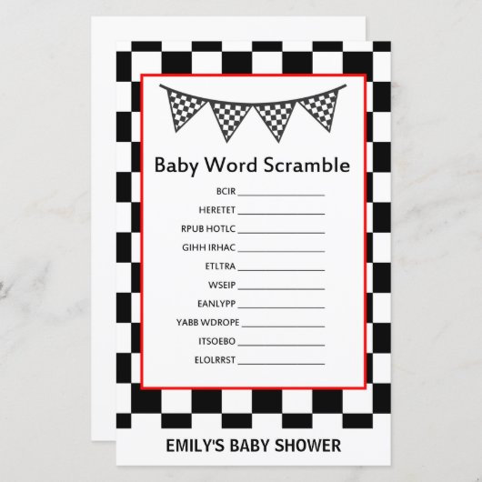 レーシングカーのベビーシャワーゲームプリント (正面/裏面)