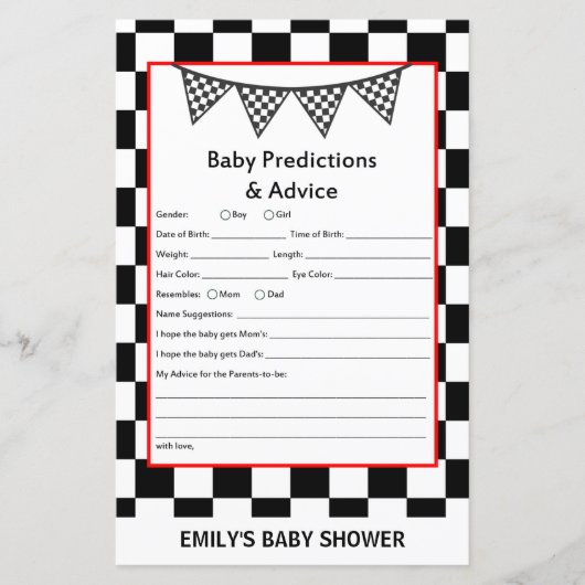 レーシングカーのベビーシャワーゲームプリント (正面)