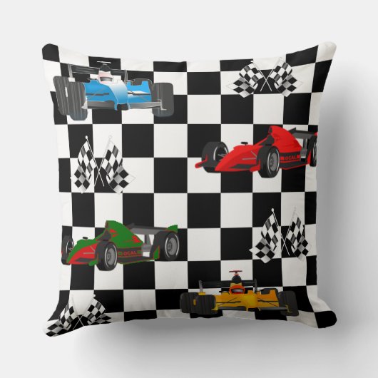 レーシングカーのレーシングフラグとパタ市松模様にーン クッション (裏面)
