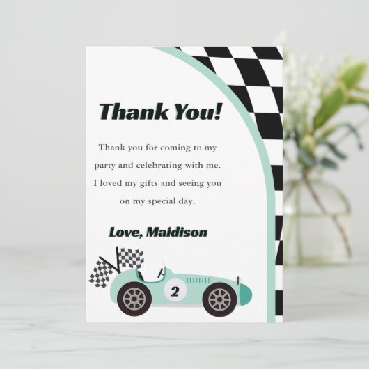 レーシングカーの緑の誕生日パーティーお礼カード 招待状 (スタンド正面)