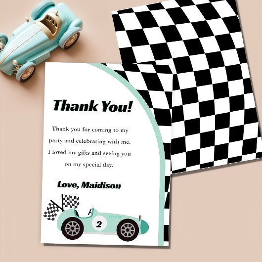 レーシングカーの緑の誕生日パーティーお礼カード 招待状