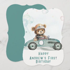 レーシングカーの赤ちゃんクマ 1歳の誕生日カード