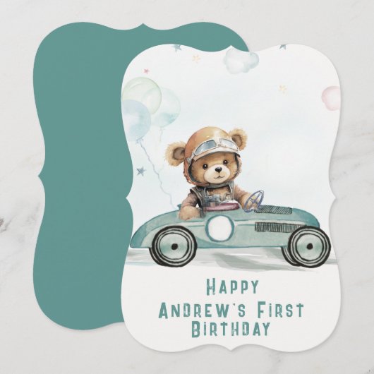 レーシングカーの赤ちゃんクマ 1歳の誕生日カード (正面/裏面)