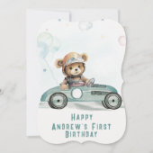 レーシングカーの赤ちゃんクマ 1歳の誕生日カード (正面)