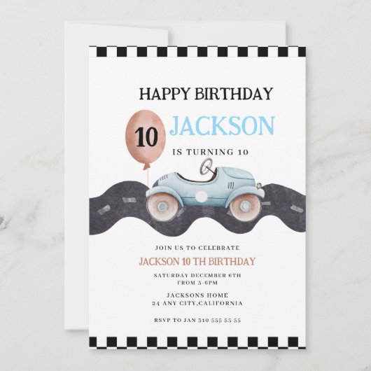 レーシングカーの10歳の誕生日招待状(男の子用) 招待状 (正面)