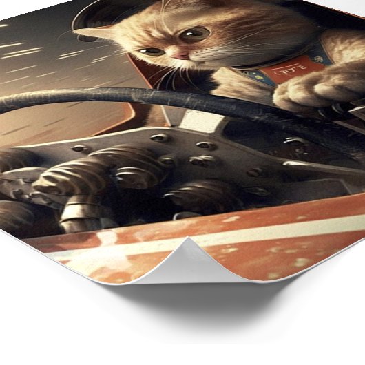 レーシングカーを運転する猫 ポスター (角)