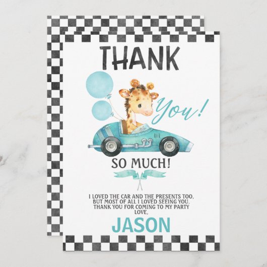 レーシングカーキリン誕生日サンキューカード 招待状 (正面/裏面)