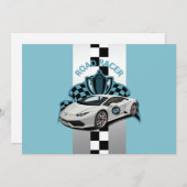 レーシングカーグリーン、ブラック&ホワイトの誕生日の招待 招待状 (正面/裏面)