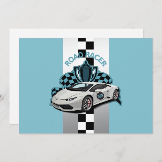 レーシングカーグリーン、ブラック&ホワイトの誕生日の招待 招待状 (正面/裏面)