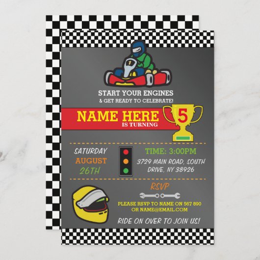 レーシングカーゴーカーティンカートカートバースデーパーティー招待状 招待状 (正面/裏面)