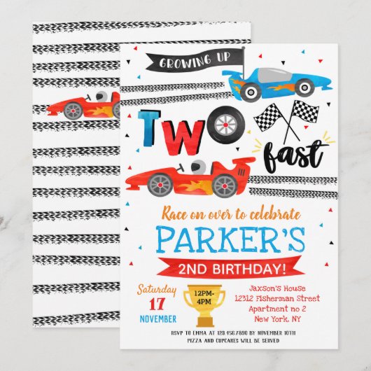 レーシングカートの2歳誕生日パーティー招待状 招待状 (正面/裏面)