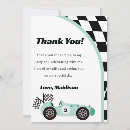レーシングカーバースデーグリーンパーティーサンクスカード 招待状 (正面)