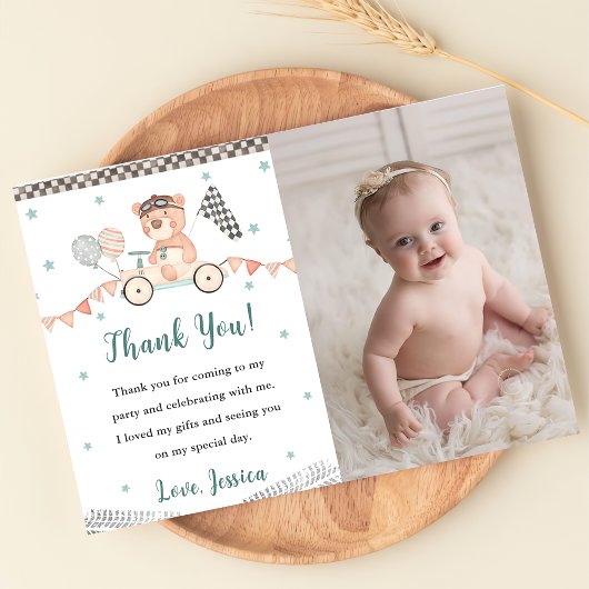 レーシングカーバースデーパーティーの写真を使った感謝カード 招待状