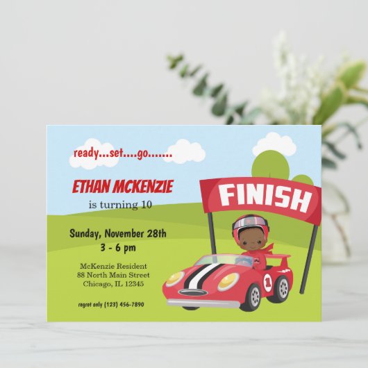 レーシングカーパーティーの男の子のデザインアイデア 招待状 (スタンド正面)