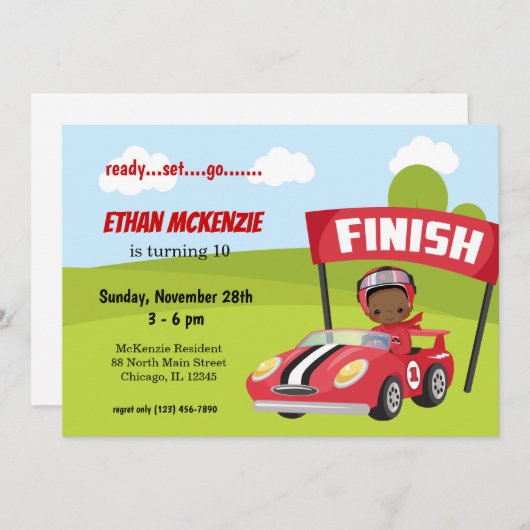 レーシングカーパーティーの男の子のデザインアイデア 招待状 (正面/裏面)