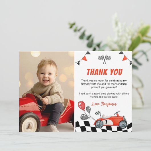 レーシングカーパーティー誕生日写真サンキューカード サンキューカード (スタンド正面)
