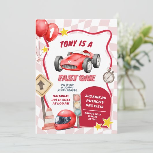 レーシングカーファーストワンファースト誕生日 招待状 (スタンド正面)
