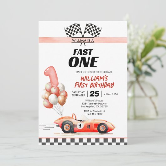 レーシングカーファーストワンブルー1st誕生日 招待状 (スタンド正面)