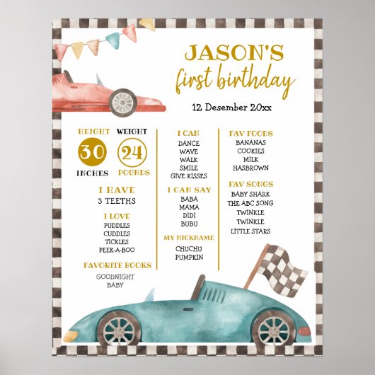 レーシングカーファースト誕生日標識 ポスター (正面)