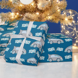 レーシングカーフラッグブルーキッズパターン ラッピングペーパー