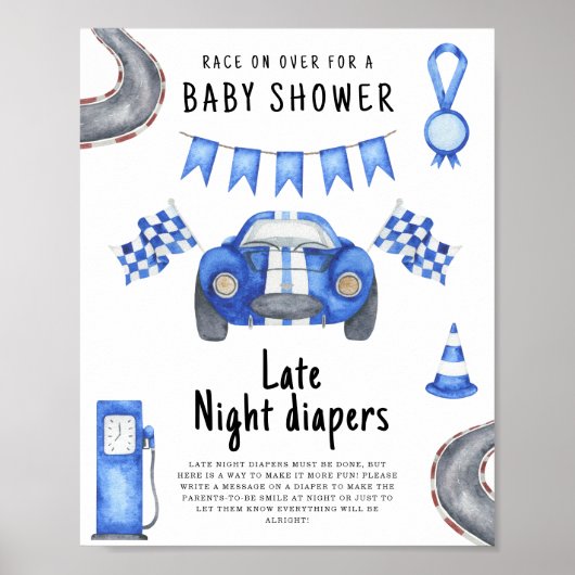レーシングカーベビーシャワーパーティーの夜用おむつ ポスター (正面)