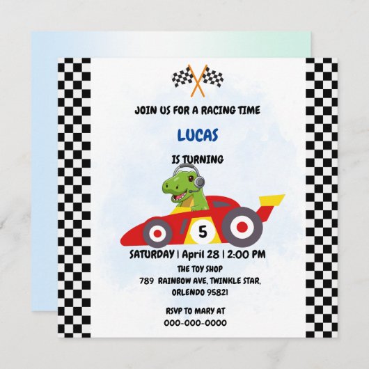 レーシングカーボーイおもしろいゲーム恐竜の誕生日パーティー 招待状 (正面/裏面)