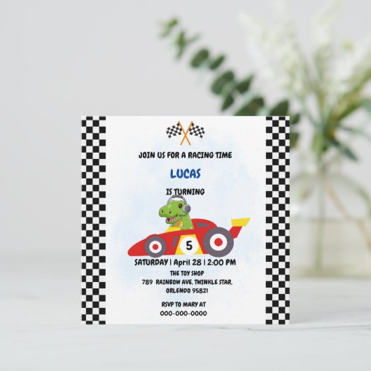 レーシングカーボーイおもしろいゲーム恐竜の誕生日パーティー 招待状 (スタンド正面)